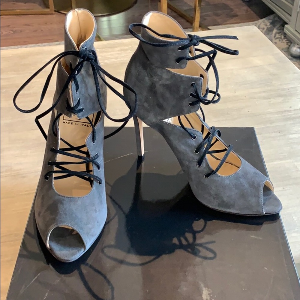 The Shoe Box Grey Suede open toe booties-NWT!